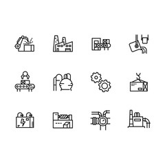 Simple set industry, production and factory illustration line icon. Contains such industrial machines, manufacturing plant, bench, equipment, conveyor, loading, compressor, gears and other.