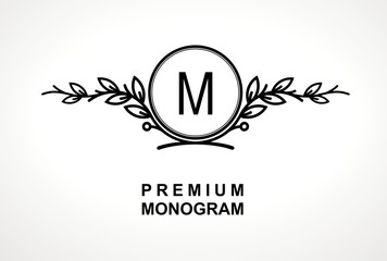 Premium monogram template for your emblems, logos, chevrons, labels. Floral ornament. Fancy wreath. Leaf vector frame.
