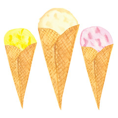 Watercolor, three cups of ice cream, isolated on a white background. Colorful soft ice cream in cones for a beautiful design.