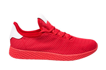 red sneaker made of cloth mesh, on a white background, sports shoes