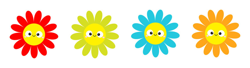 Colorful daisy chamomile set line. Smiling face head. Cute flower plant collection. Love card. Cute cartoon funny character. Camomile icon Growing concept. Flat design. White background.