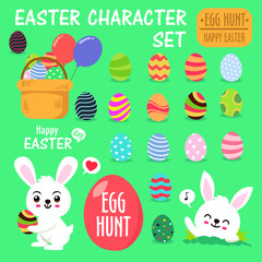 Vintage Easter Egg poster design with vector Easter bunny character set.
