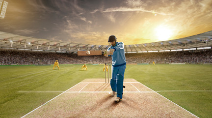 Young sportsman strikes the ball while batting in the cricket field	