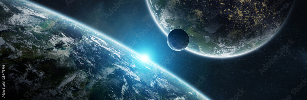 Poster Distant planet system in space with exoplanets 3D rendering elements of this image furnished by NASA