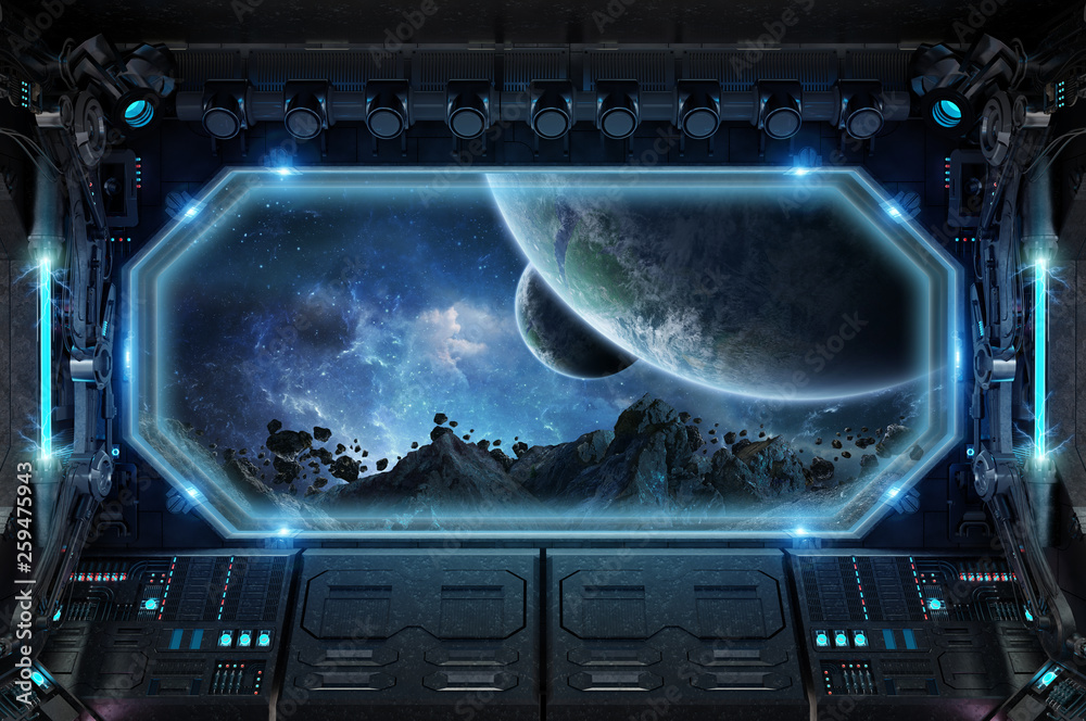 Poster Dark spaceship interior with large window view 3D rendering
