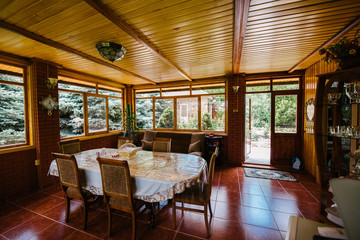 Dining table in the kitchen in a country house