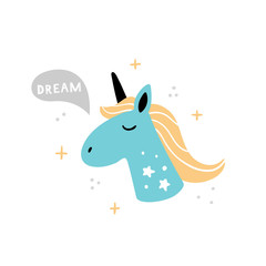 Beautiful hand-drawn Unicorn Face. Doodle cartoon illustration with text and magic. Vector. Good for children's games, t-shirt, books or cards.