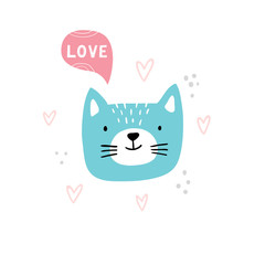 Cute cartoon Cat Face. Hand-drawn vector illustration with text. Good for children's games, t-shirt, books or cards.