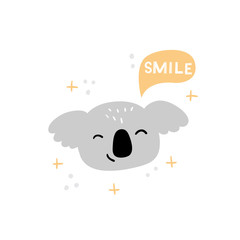Happy Koala Face with text. Hand-drawn cartoon illustration. Vector. Good for children's games, t-shirt, books, banners or cards. © jenny on the moon