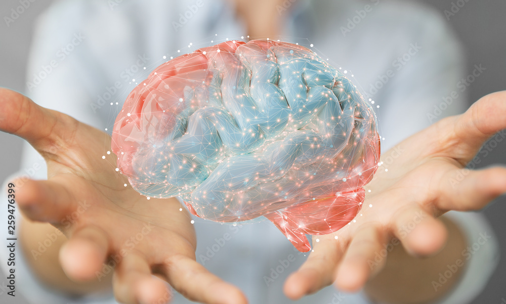 Poster businesswoman using digital 3d projection of a human brain 3d rendering