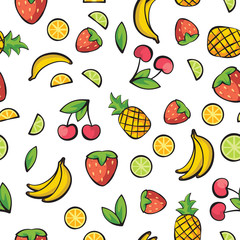Banana, cherry, lemon, lime, pineapple, strawberry on white background pattern