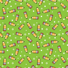 Pattern yellow pencil wooden and pink eraser on a green background