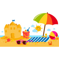 Summer beach with a beach umbrella and a sandcastle. Vector illustration background