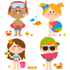 Children at the beach. Summer vacation collection. Vector illustration set 