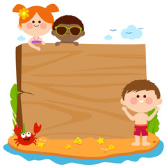 Children at the summer beach and blank wooden sign. Vector illustration