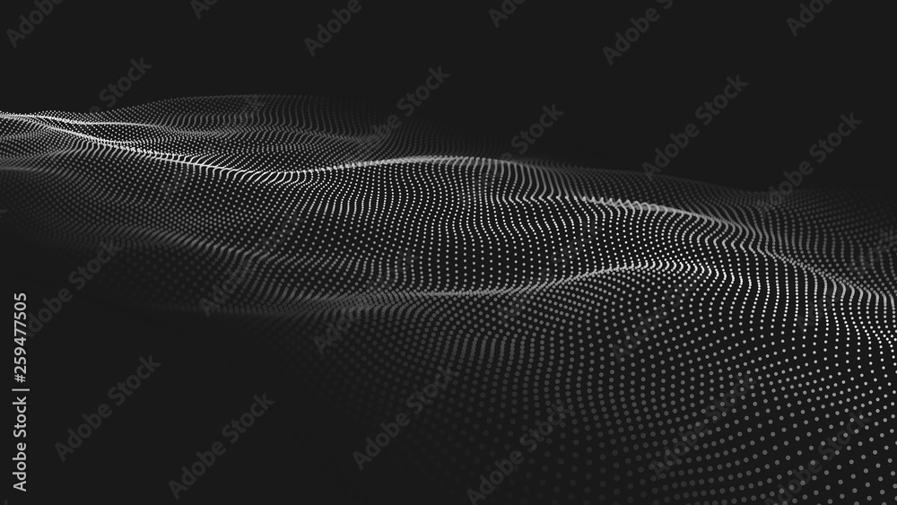 Poster Wave of particles. Futuristic point wave. Vector illustration. Abstract background with a dynamic wave. Wave 3d