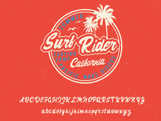 Surf Rider. Handmade script font. Original style. Retro Fashioned T Shirt Badge. Vector Illustration.