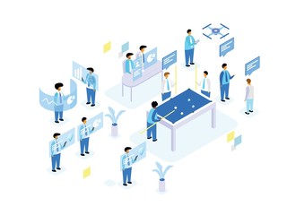 set of People in open space office concept design. Flat isometric vector illustration on white background. 