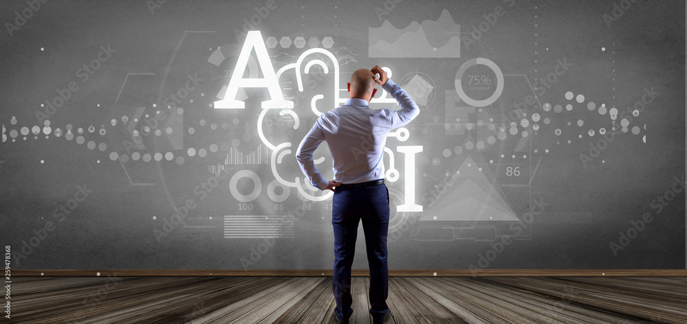 Poster businessman in front of a wall with artificial intelligence icon with half brain and half circuit 3d
