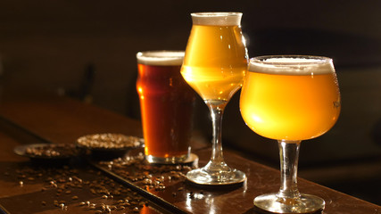 Glasses with different sorts of craft beer on wooden bar.