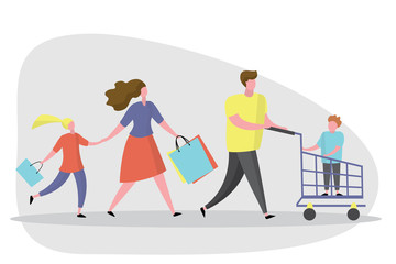Happy Family shopping.Male with shopping cart and wife with shopping bags