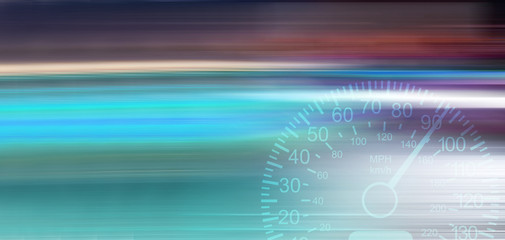 Blurred motion. Blurry lights of rushing cars in the night city. Speedometer of automobile - Powered by Adobe