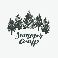 Obraz na płótnie Canvas Summer camp logotype or badge. Vector illustration. Concept for shirt or logo, print, stamp.. Vintage typography design with lettering text and forest silhouette