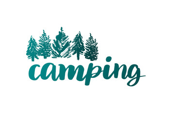 Summer camp logotype or badge. Vector illustration. Concept for shirt or logo, print, stamp.. Vintage typography design with lettering text and forest silhouette