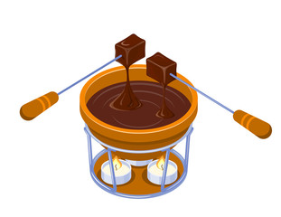 Isometric Vector Chocolate Fondue with a candle on a white background. Capacity, two forks, two pieces of bread and chocolate. Vector illustration
