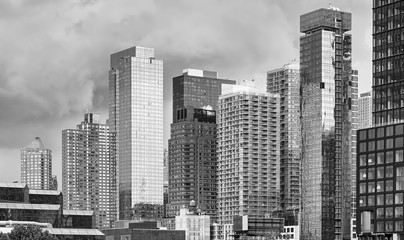 Black and white picture of New York City modern skyline, USA.