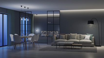 Modern house interior. Bedroom behind glass partitions. Night. Evening lighting. 3D rendering.