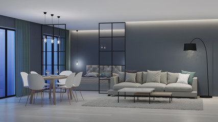 Modern house interior. Bedroom behind glass partitions. Night. Evening lighting. 3D rendering.