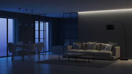 Modern house interior. Bedroom behind glass partitions. Night. Evening lighting. 3D rendering.