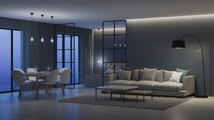 Modern house interior. Bedroom behind glass partitions. Night. Evening lighting. 3D rendering.