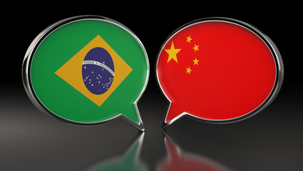 Brazil and China flags with Speech Bubbles. 3D Illustration