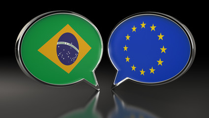 Brazil and European Union flags with Speech Bubbles. 3D Illustration