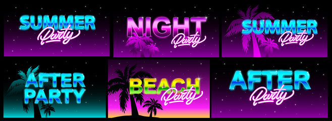 Summer party banners set with neon and night beach. Collection. Palm tree. Vector