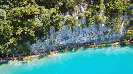 Top scenic view of Plitvice Lakes, beautiful nature of National Park in Croatia, sunny day
