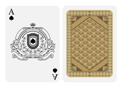 Ace of spades face with spades inside of floral pattern and abstract wreath and back with brown colors texture on suit. Vector card template.