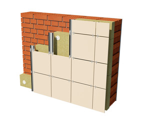 3d render image of insulated house wall with ventilated facade. Detailed concept of insulation, showing all layers.