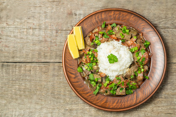 Braised liver with chorizo sausage. The view from the top. Copy-space.    
