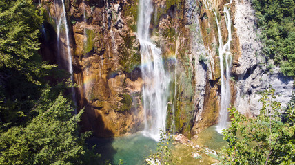 Part of the large waterfall, Plitvice Lakes in Croatia, National Park, sunny day