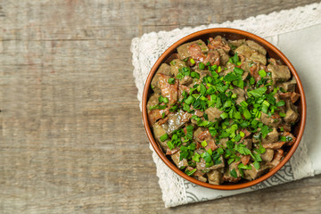 Braised liver with chorizo sausage. The view from the top. Copy-space.    