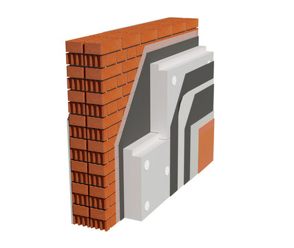 3d render image of xps insulated frame house wall. Detailed concept of insulation, showing all layers.