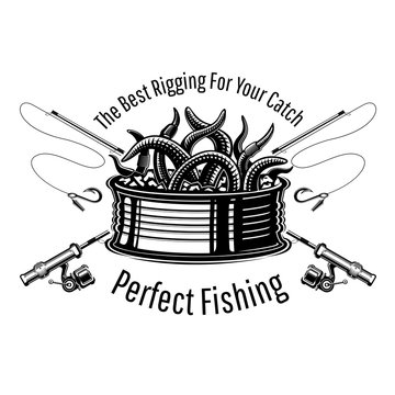 Can with worms with crossed fishing rods in engraving style. Logo for fishing or fishing shop on white