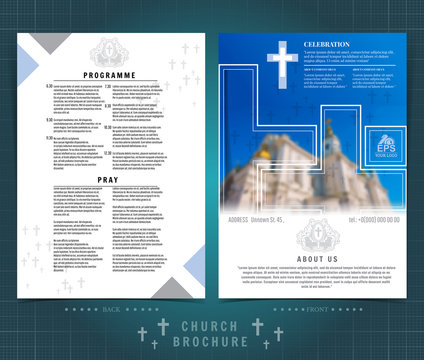 Religion Two Sided Brochure Or Flyer Template Design With Church Building Blurred Photo Ellements. Mock-up Cover In Blue Vector Modern Style