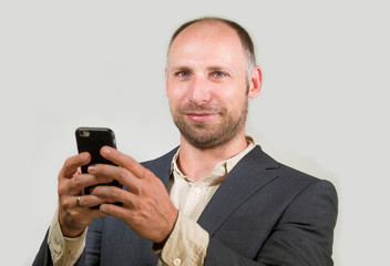 Naklejka premium confident successful businessman using mobile phone having doing online business with cellphone smiling cheerful in corporate job and entrepreneur success concept