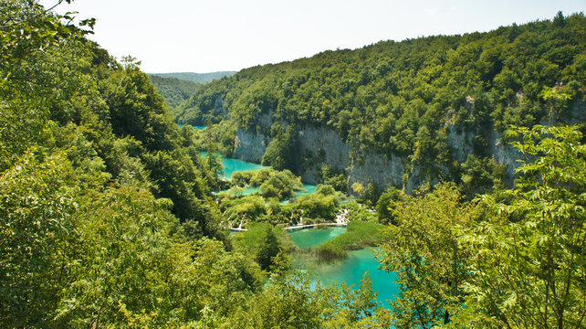 Top scenic view of Plitvice Lakes, National Park in Croatia, sunny day