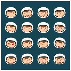 Set of astronaut face expressions in a helmet in cartoon style with different emotions isolated on dark background.