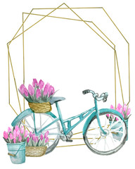  Golden frame with bike watercolor, blue, with tulips